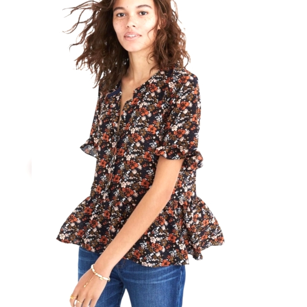 Madewell Floral Ruffle Sleeve Top - Black and Orange